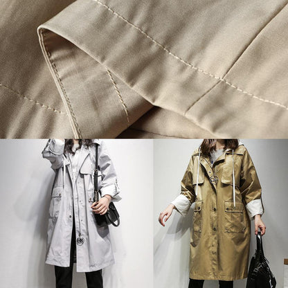 Style Gray Tunic Coat Work Outfits Hooded Drawstring Coat
