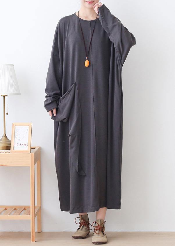 Style Gray Clothes Pockets Loose O Neck Dress