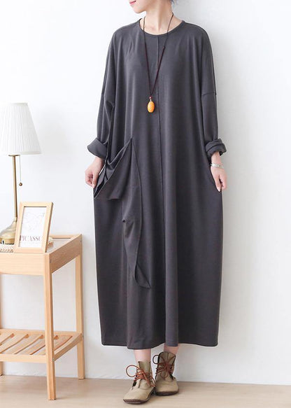 Style Gray Clothes Pockets Loose O Neck Dress