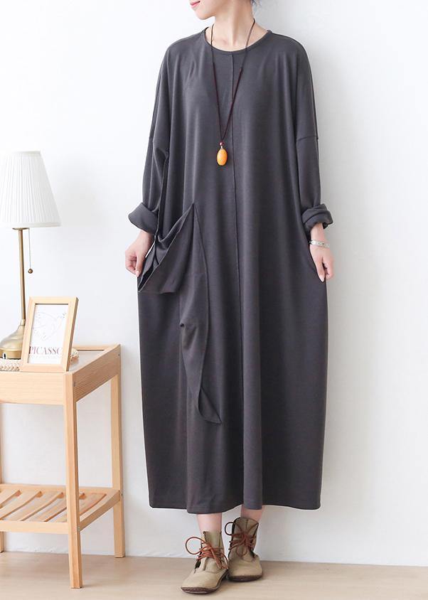 Style Gray Clothes Pockets Loose O Neck Dress