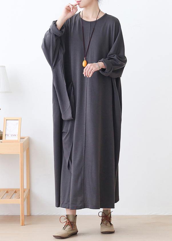 Style Gray Clothes Pockets Loose O Neck Dress
