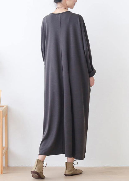 Style Gray Clothes Pockets Loose O Neck Dress