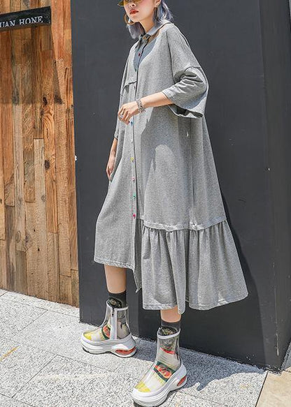 Style Gray Cotton Clothes Lapel Cinched Long Asymmetric Summer Dresses