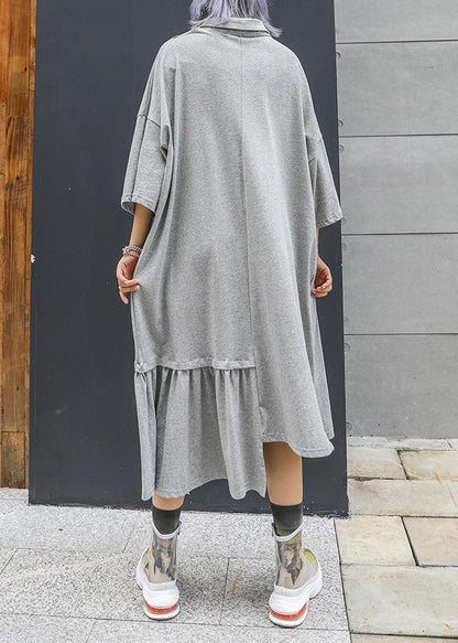 Style Gray Cotton Clothes Lapel Cinched Long Asymmetric Summer Dresses