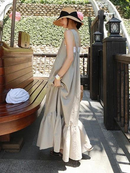 Style Gray Cotton Dress Patchwork Cinched Summer Dresses