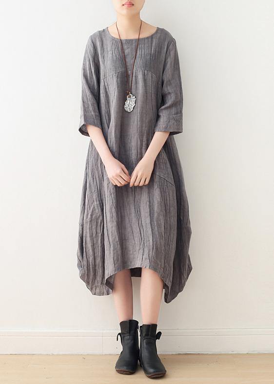 Style Gray Linen Clothes for O Neck Asymmetric Dress