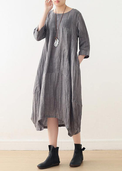 Style Gray Linen Clothes for O Neck Asymmetric Dress