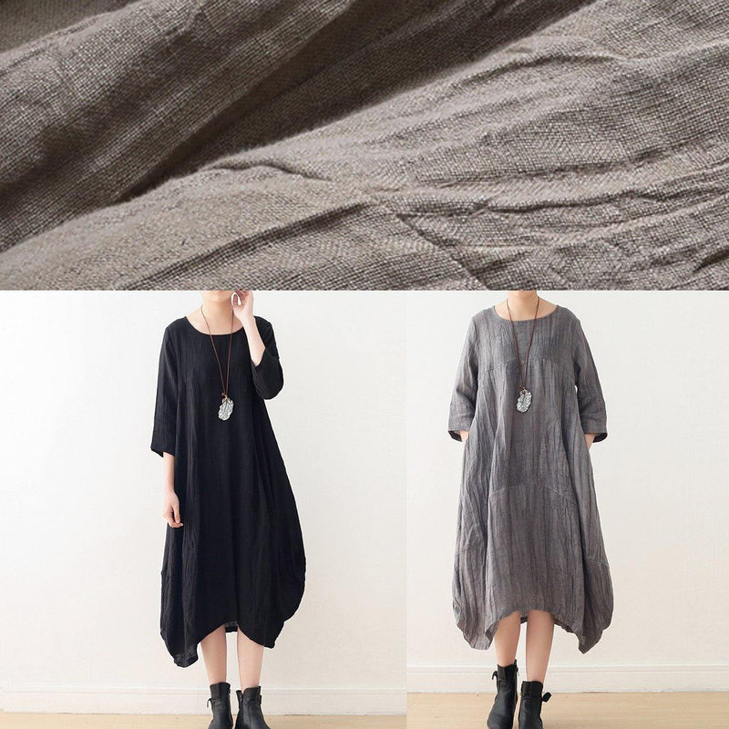 Style Gray Linen Clothes for O Neck Asymmetric Dress