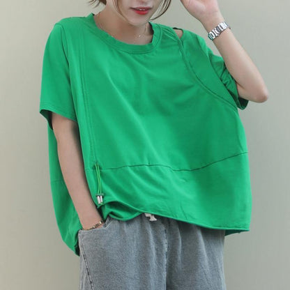 Style Green Cotton Clothes for O Neck Baggy Cotton Shirt