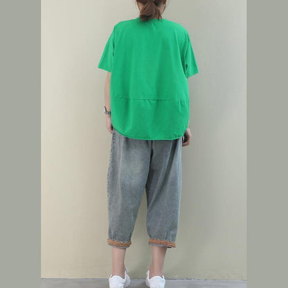 Style Green Cotton Clothes for O Neck Baggy Cotton Shirt