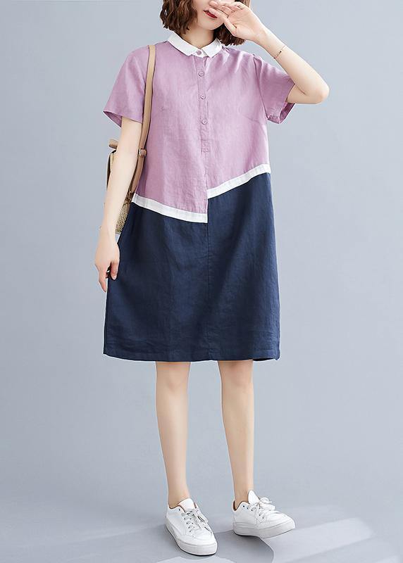 Style Green Cotton Linen Quilting Clothes Peter Pan Collar Shift Summer Dresses