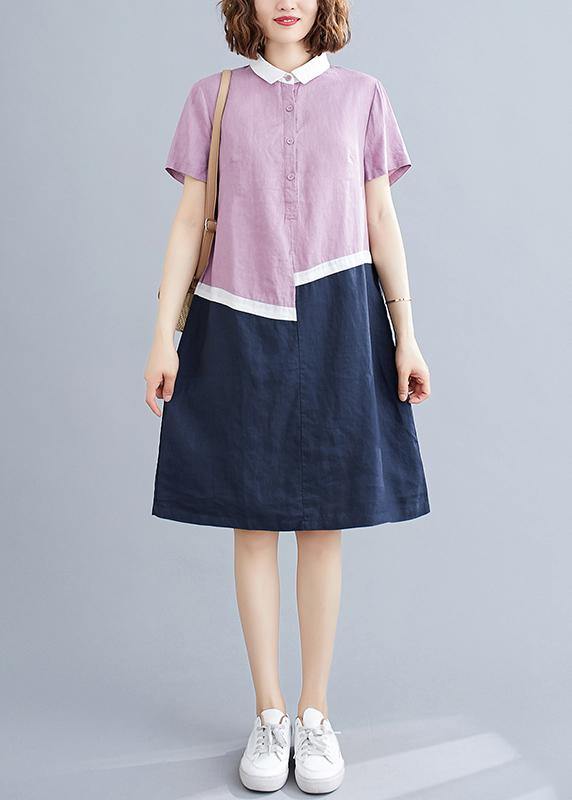 Style Green Cotton Linen Quilting Clothes Peter Pan Collar Shift Summer Dresses
