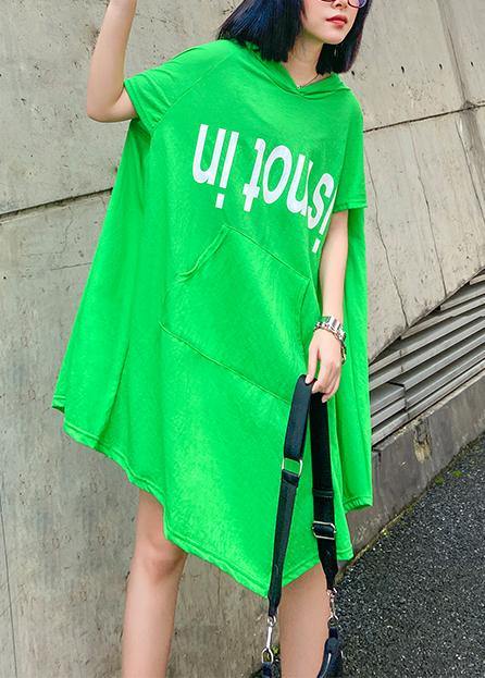 Style Green Print Cotton Tunic Hooded Asymmetric Daily Dress