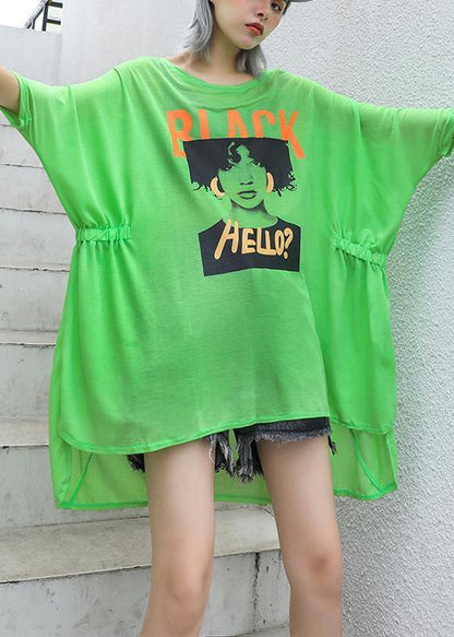Style Green Print Cotton Box Top O Neck Cinched Oversized Summer Top