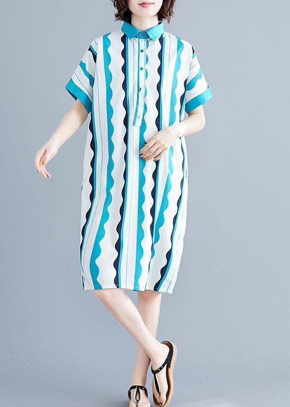 Style Green Striped Cotton Clothes Lapel Tunic Summer Dress