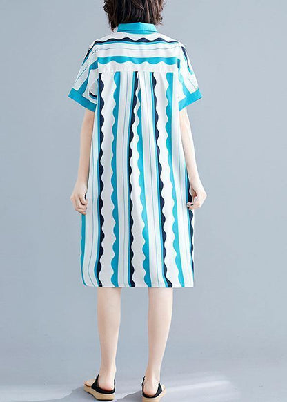 Style Green Striped Cotton Clothes Lapel Tunic Summer Dress