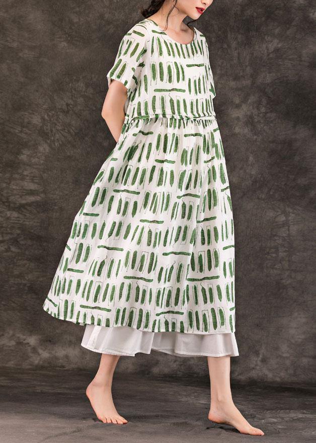 Style Green Striped Linen Dresses O Neck Pockets Long Summer Dress
