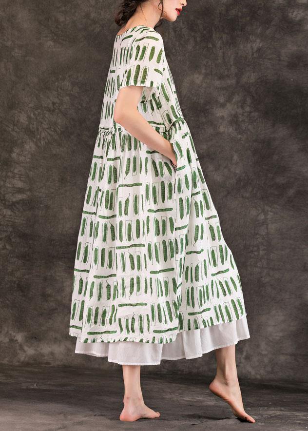 Style Green Striped Linen Dresses O Neck Pockets Long Summer Dress
