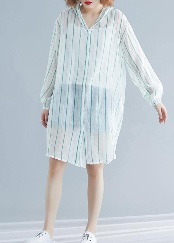 Style Hooded Chiffon Tunic Work Green Striped Shirts Summer