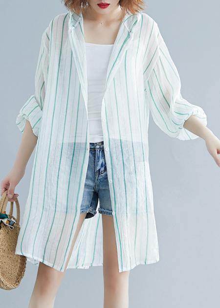 Style Hooded Chiffon Tunic Work Green Striped Shirts Summer