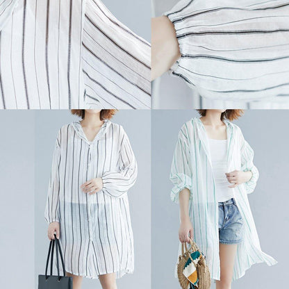 Style Hooded Chiffon Tunic Work Green Striped Shirts Summer