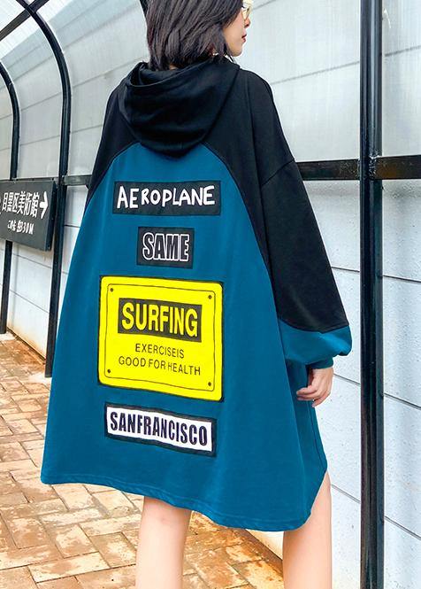 Style Hooded Patchwork Dresses Ideas Blue Letter Dress