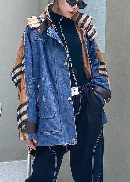 Style Hooded Patchwork Tunics for Denim Blue Clothing Outwear