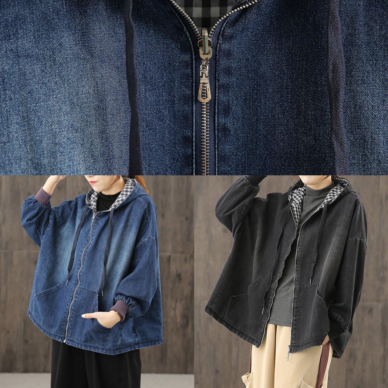 Style Hooded Pockets Clothes for Photography Denim Blue Blouses