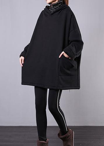 Style Hooded Pockets Cotton Clothes Sewing Black Blouses