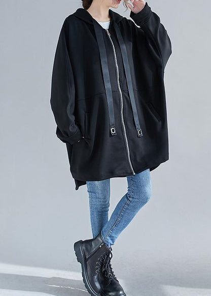Style Hooded Zippered Coats Blouses Black Oversized Outwears