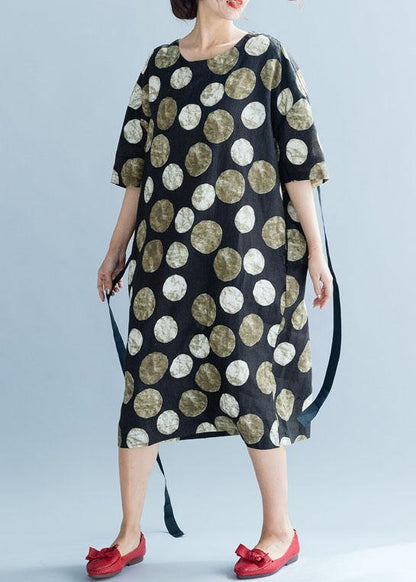 Style Khaki Dotted Cotton Quilting Clothes Tie Waist Long Summer Dresses