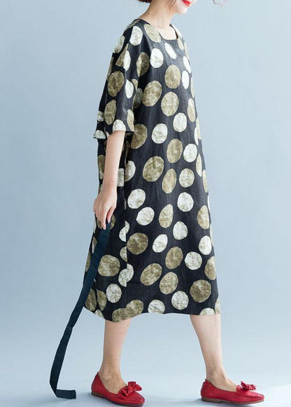 Style Khaki Dotted Cotton Quilting Clothes Tie Waist Long Summer Dresses