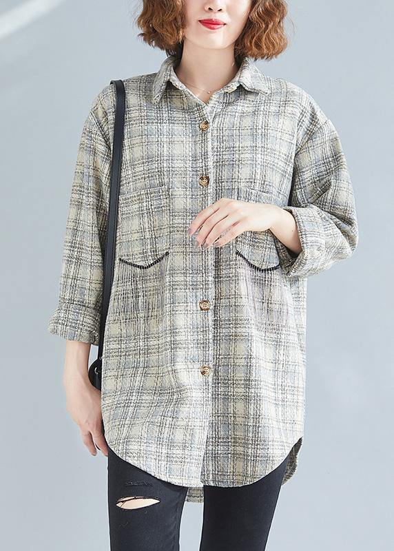 Style Khaki Plaid Tunic Pattern Baggy Spring Tops