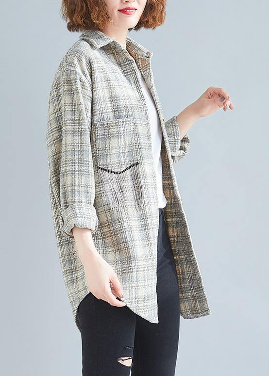 Style Khaki Plaid Tunic Pattern Baggy Spring Tops