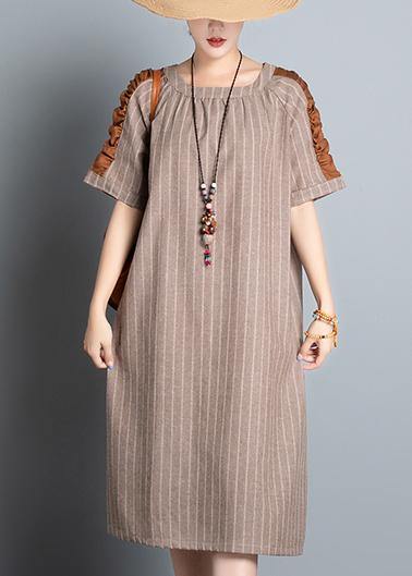 Style Khaki Striped Cotton Clothes for O Neck Patchwork Summer Dresses