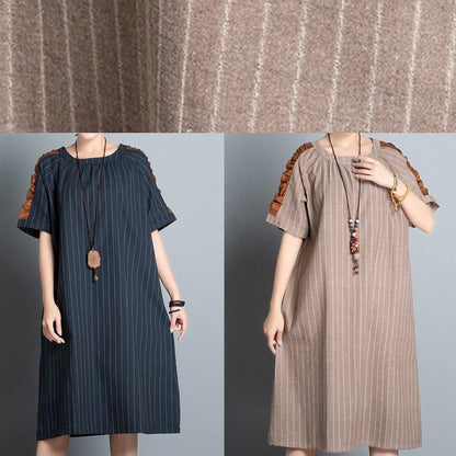 Style Khaki Striped Cotton Clothes for O Neck Patchwork Summer Dresses