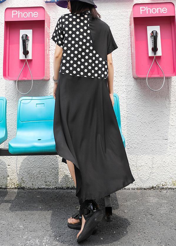 Style Lapel Asymmetric Chiffon Robes Boutique Tutorials Black Dotted Dress Summer