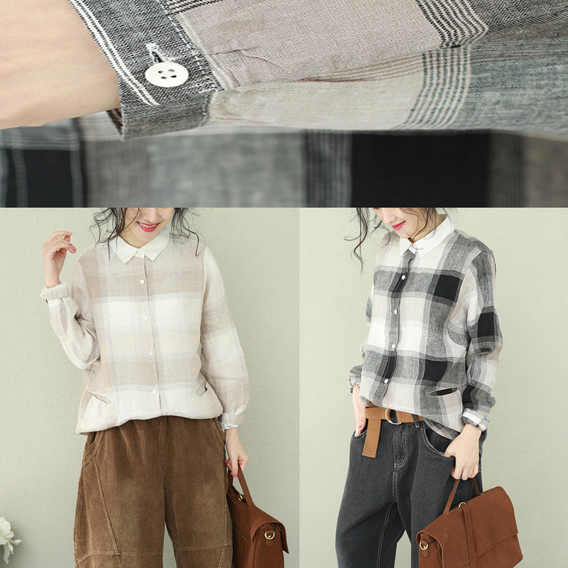 Style Lapel Linen for Cotton Black Plaid Short Blouses