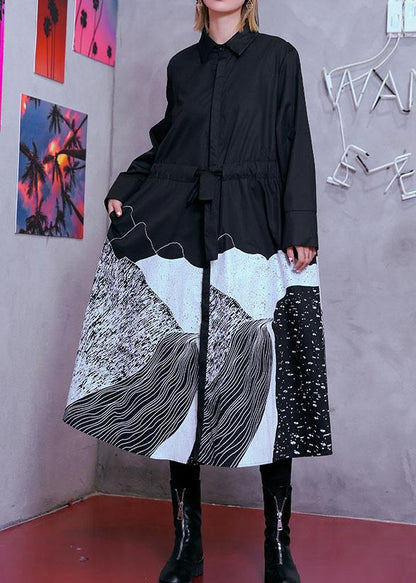 Style Lapel Patchwork Cotton Wardrobes Tunic Tops Black Print Maxi Dresses