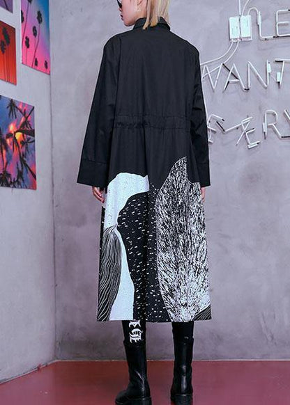 Style Lapel Patchwork Cotton Wardrobes Tunic Tops Black Print Maxi Dresses