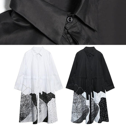 Style Lapel Patchwork Cotton Wardrobes Tunic Tops Black Print Maxi Dresses
