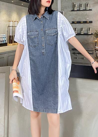 Style Lapel Quilting Dresses Runway White Striped Patchwork Denim Dresses