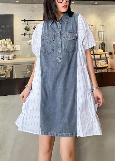 Style Lapel Quilting Dresses Runway White Striped Patchwork Denim Dresses