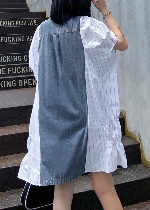 Style Lapel Quilting Dresses Runway White Striped Patchwork Denim Dresses