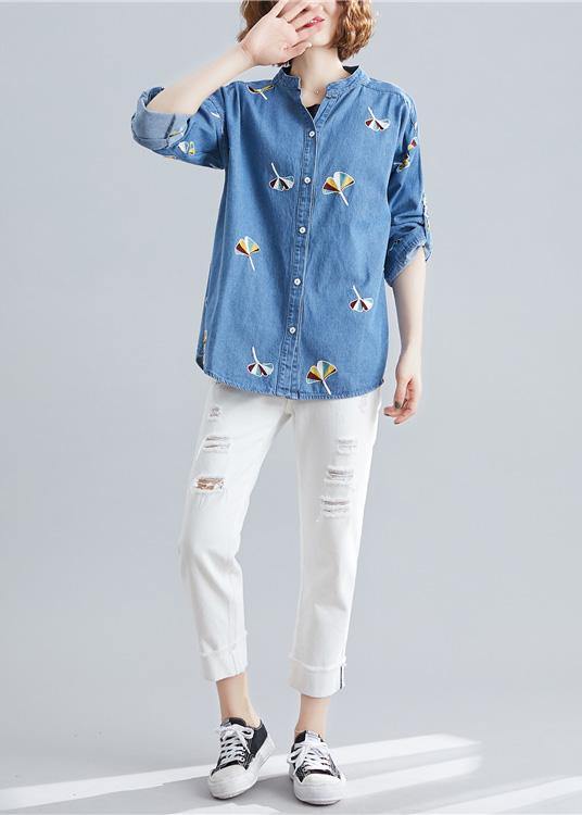 Style Light Blue Cotton Tunic Pattern Stand Collar Embroidery Baggy Spring Tops