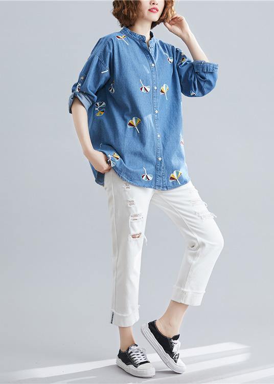 Style Light Blue Cotton Tunic Pattern Stand Collar Embroidery Baggy Spring Tops