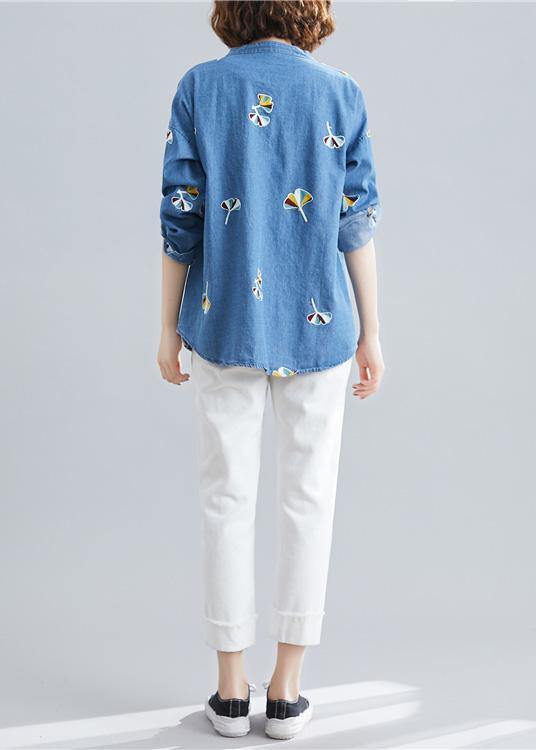 Style Light Blue Cotton Tunic Pattern Stand Collar Embroidery Baggy Spring Tops