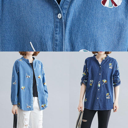 Style light blue cotton tunic pattern stand collar embroidery baggy spring tops