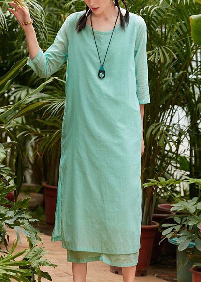 Style Light Green Cotton Tunics Half Sleeve O Neck Traveling Summer Dress