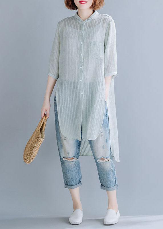Style Light Green Striped Blended Shirts Side Open Box Sunscreen Summer Tops